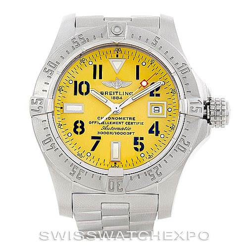 This image shows the front view of a Breitling Avenger A17330 Men's Stainless Steel Yellow Dial A17330 Men's Stainless Steel Yellow Dial watch with a yellow dial, bezel, and bracelet.
