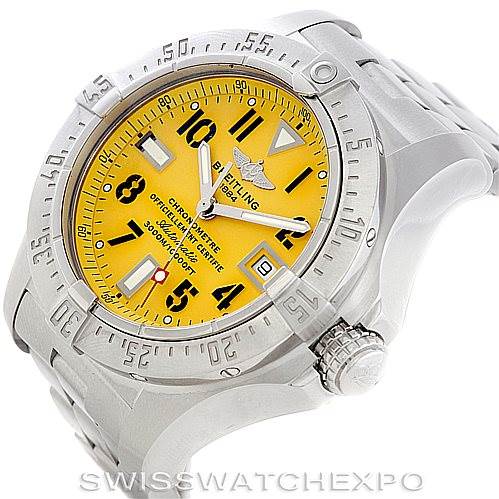 The image shows a Breitling Avenger A17330 Men's Stainless Steel Yellow Dial A17330 Men's Stainless Steel Yellow Dial watch from an angled view, highlighting its yellow dial, bezel, case, and bracelet.