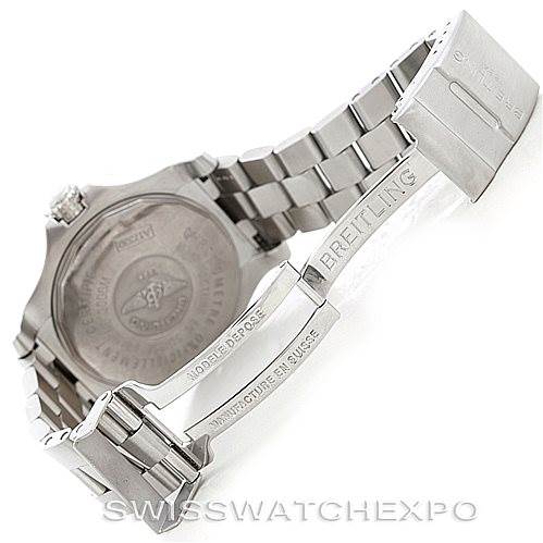 This image shows the backside and metal bracelet of a Breitling Avenger A17330 Men's Stainless Steel Yellow Dial A17330 Men's Stainless Steel Yellow Dial watch, highlighting the engraved clasp and case back.