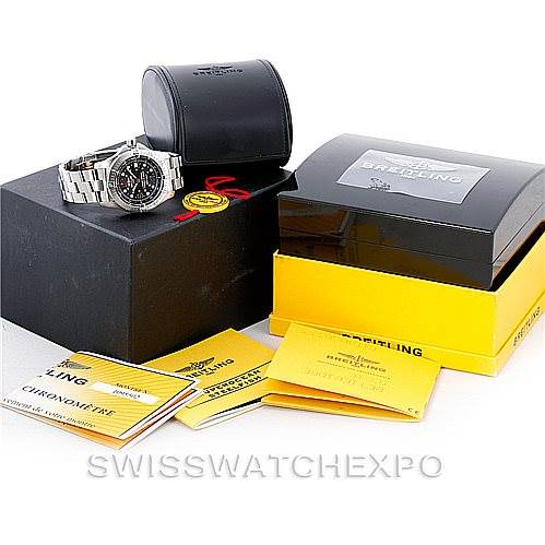 The Breitling Superocean A17390 Men's Stainless Steel Black Dial A17390 Men's Stainless Steel Black Dial watch is pictured alongside its box, case, and accompanying manuals, displayed at an angle.