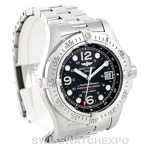 The image shows a Breitling Superocean A17390 Men's Stainless Steel Black Dial A17390 Men's Stainless Steel Black Dial watch at an angled view, highlighting its stainless steel case, bezel, and bracelet, along with the watch face and date window.
