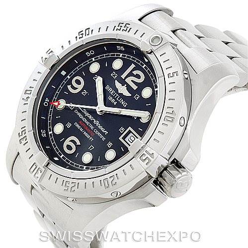 This image shows a Breitling Superocean A17390 Men's Stainless Steel Black Dial A17390 Men's Stainless Steel Black Dial watch from a three-quarter angle, highlighting its dial, bezel, and bracelet.