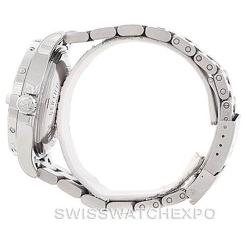 This image shows a side view of the Breitling Superocean A17390 Men's Stainless Steel Black Dial A17390 Men's Stainless Steel Black Dial watch, displaying the case, crown, and metal bracelet.