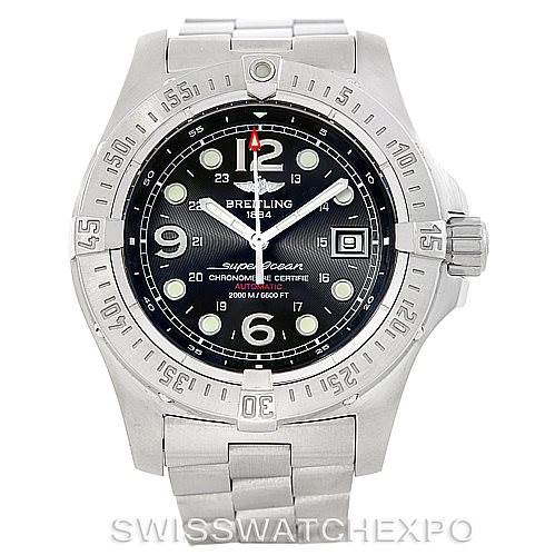 This image shows a front view of a Breitling Superocean A17390 Men's Stainless Steel Black Dial A17390 Men's Stainless Steel Black Dial watch, highlighting the dial, bezel, crown, and metal bracelet.