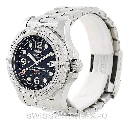 The image shows a Breitling Superocean A17390 Men's Stainless Steel Black Dial A17390 Men's Stainless Steel Black Dial watch at a slight angle, highlighting its face, bezel, crown, and metal bracelet.