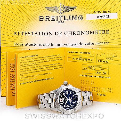The image shows a Breitling Superocean A17390 Men's Stainless Steel Black Dial A17390 Men's Stainless Steel Black Dial watch from the front, along with a warranty certificate and chronometer certification.