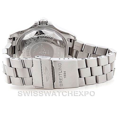 The image shows the back angle of a Breitling Superocean A17390 Men's Stainless Steel Black Dial A17390 Men's Stainless Steel Black Dial watch focusing on the bracelet and clasp.