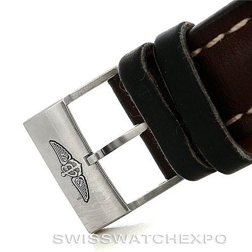 This image shows a close-up of the buckle and strap of a Breitling Avenger A13370 Men's Black Dial A13370 Men's Black Dial watch, highlighting the logo on the metal buckle.