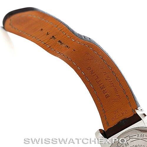 The image shows the underside of a leather strap for a Breitling Avenger A13370 Men's Black Dial A13370 Men's Black Dial watch, partially attached to the case back.