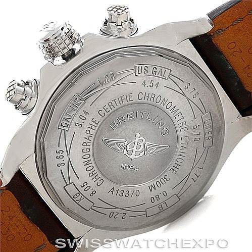 The image shows the back of the Breitling Avenger A13370 Men's Black Dial A13370 Men's Black Dial watch, highlighting its engravings and certification details.