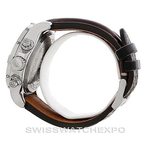 This image shows the side view of a Breitling Avenger A13370 Men's Black Dial A13370 Men's Black Dial watch, highlighting the crown, pushers, and leather strap.