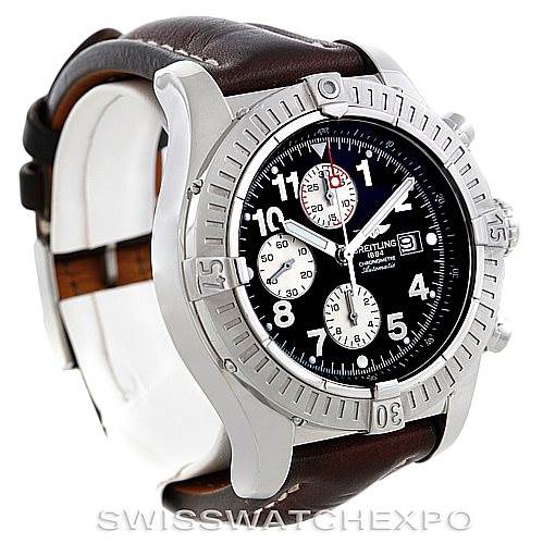 The image shows a Breitling Avenger A13370 Men's Black Dial A13370 Men's Black Dial watch at a three-quarter angle, highlighting its bezel, dial, and leather strap.