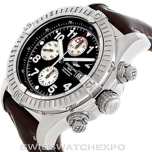 The image shows a Breitling Avenger A13370 Men's Black Dial A13370 Men's Black Dial watch at an angled side view, highlighting the bezel, dial, and crowns.
