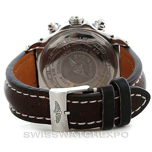 This image of the Breitling Avenger A13370 Men's Black Dial A13370 Men's Black Dial watch shows the back of the watch and the leather strap with a close-up of the buckle.