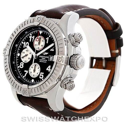 The image shows a Breitling Avenger A13370 Men's Black Dial A13370 Men's Black Dial watch at a three-quarter angle, highlighting the bezel, chronograph dials, crown, and pushers.