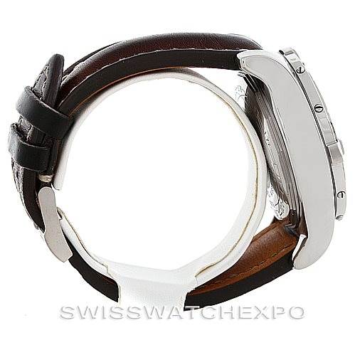 The image shows a side view of a Breitling Avenger A13370 Men's Black Dial A13370 Men's Black Dial watch, highlighting its casing and leather strap with buckle.