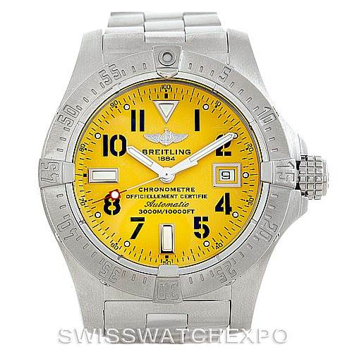 This image shows a front view of the Breitling Avenger A17330 Men's Stainless Steel Yellow Dial A17330 Men's Stainless Steel Yellow Dial watch, highlighting its yellow dial, stainless steel case, and bracelet.