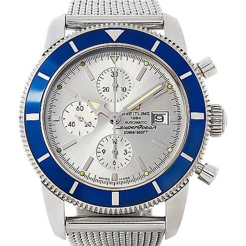 The image shows a front view of a Breitling Superocean A1332016.G698.152A Men's Stainless Steel Silver Dial A1332016.G698.152A Men's Stainless Steel Silver Dial watch, highlighting its blue bezel, chronograph subdials, and mesh strap.