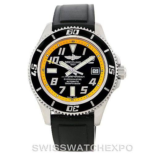 The Breitling Superocean A17364 Men's Stainless Steel Black Dial A17364 Men's Stainless Steel Black Dial watch is shown from the front, including the face, bezel, and strap.