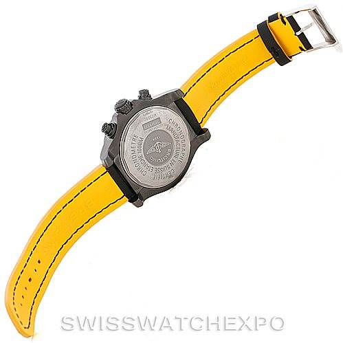 The image shows the back view of a Breitling Avenger M73390 Men's Stainless Steel Black Dial M73390 Men's Stainless Steel Black Dial watch with a yellow strap and the watch's case back visible.