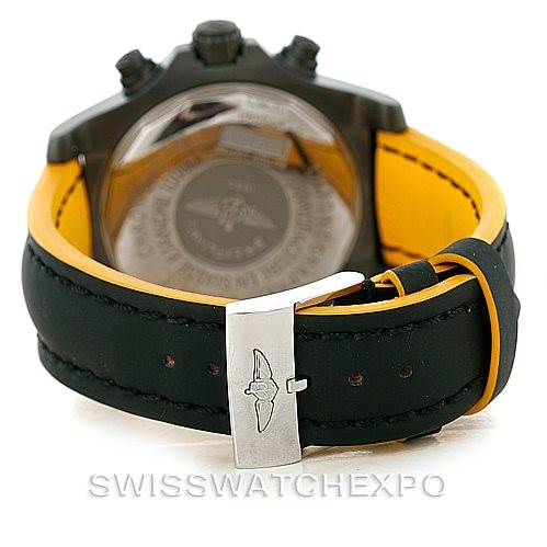 The image shows the back view of a Breitling Avenger M73390 Men's Stainless Steel Black Dial M73390 Men's Stainless Steel Black Dial watch, focusing on the clasp and leather strap.