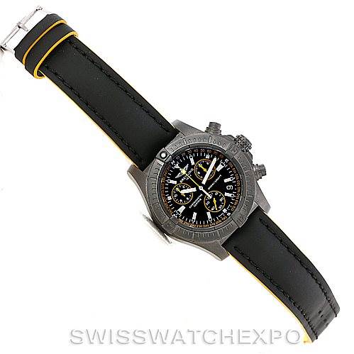The image shows an angled view of the Breitling Avenger M73390 Men's Stainless Steel Black Dial M73390 Men's Stainless Steel Black Dial watch, displaying the face, bezel, and strap.