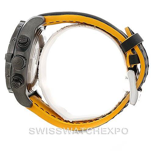 The image shows a side view of the Breitling Avenger M73390 Men's Stainless Steel Black Dial M73390 Men's Stainless Steel Black Dial watch, highlighting the crown, pushers, and the yellow strap with a buckle.