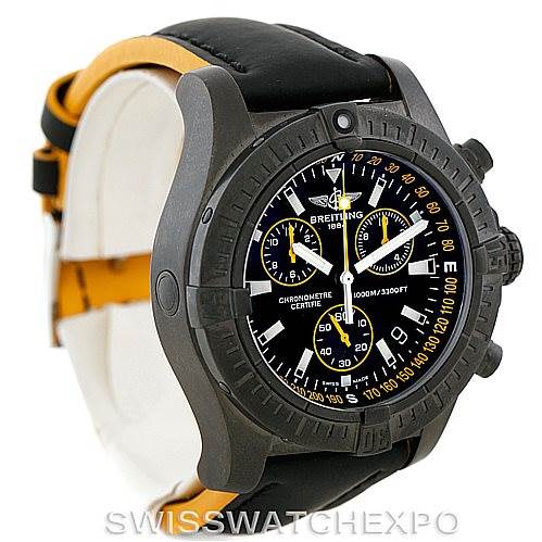 The image shows a side/front view of a Breitling Avenger M73390 Men's Stainless Steel Black Dial M73390 Men's Stainless Steel Black Dial watch, highlighting its dial, bezel, and leather strap.