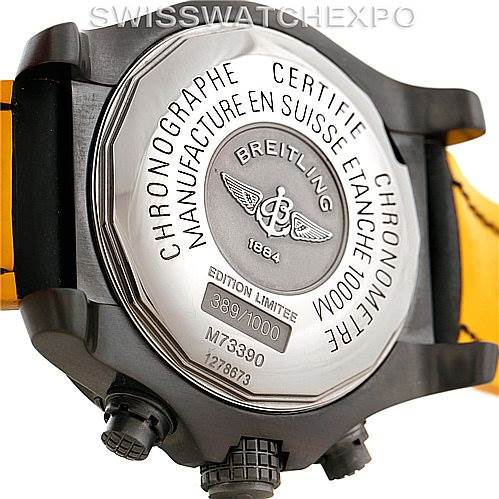 The image shows the back case of a Breitling Avenger M73390 Men's Stainless Steel Black Dial M73390 Men's Stainless Steel Black Dial watch, highlighting its limited edition number and certification details.