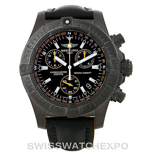 The image shows a frontal view of the Breitling Avenger M73390 Men's Stainless Steel Black Dial M73390 Men's Stainless Steel Black Dial watch, highlighting its face, bezel, and side buttons.