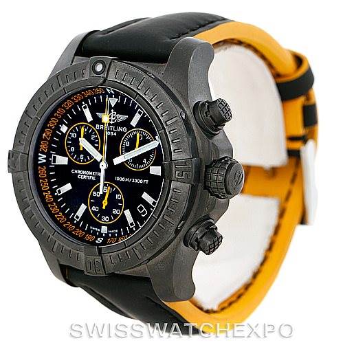 The image shows a Breitling Avenger M73390 Men's Stainless Steel Black Dial M73390 Men's Stainless Steel Black Dial watch from a side-front angle, highlighting the dial, bezel, pushers, and part of the strap.