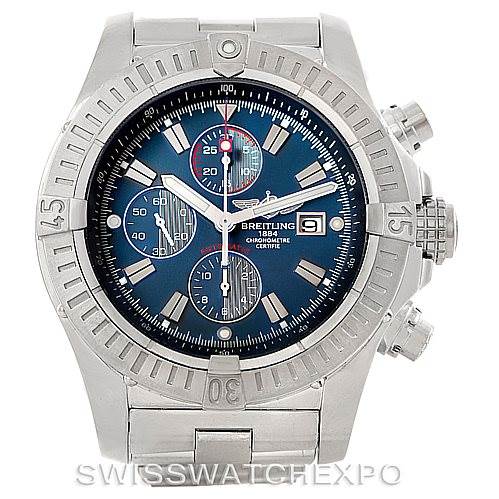The image shows a front view of a Breitling Avenger A13370 Men's Stainless Steel Blue Dial A13370 Men's Stainless Steel Blue Dial watch, highlighting the face, bezel, subdials, and part of the bracelet.