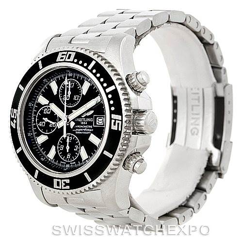 This Breitling Superocean A13341 Men
s Stainless Steel Black Dial A13341 Men
s Stainless Steel Black Dial watch is shown from a three-quarter angle, highlighting the bezel, dial, crown, and part of the bracelet.