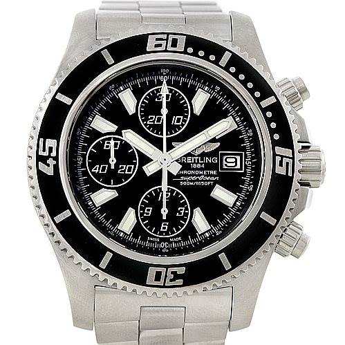 The image shows a front view of the Breitling Superocean A13341 Men
s Stainless Steel Black Dial A13341 Men
s Stainless Steel Black Dial watch, highlighting its black dial, chronograph subdials, and stainless steel case with a bracelet.