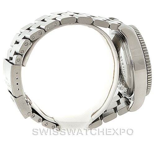 This image shows a side view of a Breitling Superocean A13341 Men
s Stainless Steel Black Dial A13341 Men
s Stainless Steel Black Dial watch, highlighting its stainless steel bracelet and case profile.