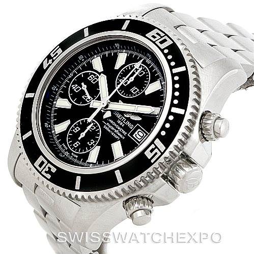 This image shows a Breitling Superocean A13341 Men
s Stainless Steel Black Dial A13341 Men
s Stainless Steel Black Dial watch at an angle highlighting the bezel, face, crown, chronograph buttons, and part of the bracelet.