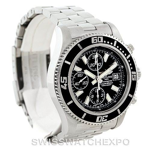 Side-angle view of the Breitling Superocean A13341 Men
s Stainless Steel Black Dial A13341 Men
s Stainless Steel Black Dial watch showing the bezel, face, and stainless steel band.