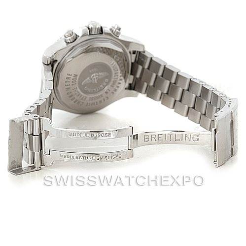 The image shows the back case and inner clasp of a Breitling Superocean A13341 Men
s Stainless Steel Black Dial A13341 Men
s Stainless Steel Black Dial watch, highlighting the bracelet and manufacturer
s engraving.