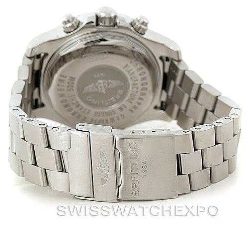 The image shows the backside and clasp of a Breitling Superocean A13341 Men
s Stainless Steel Black Dial A13341 Men
s Stainless Steel Black Dial watch, highlighting the metal bracelet and engraved case back.