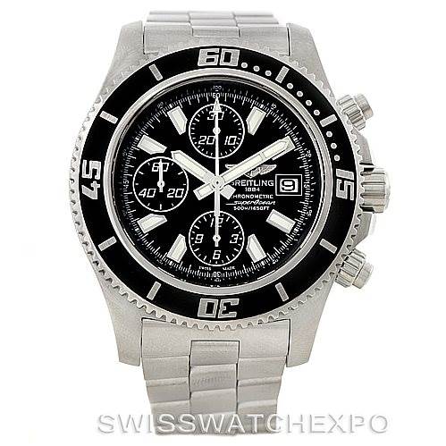 The image shows a front view of the Breitling Superocean A13341 Men
s Stainless Steel Black Dial A13341 Men
s Stainless Steel Black Dial watch, featuring its dial, bezel, and stainless steel bracelet.