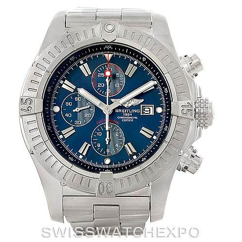 The image shows a Breitling Avenger A13370 Men's Stainless Steel Blue Dial A13370 Men's Stainless Steel Blue Dial watch from a front angle, highlighting its dial, bezel, and bracelet.