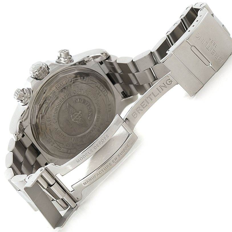 This image shows the back casing and clasp of the Breitling Avenger A13370 Men's Stainless Steel White Dial A13370 Men's Stainless Steel White Dial watch, displaying the brand engraving on the bracelet.