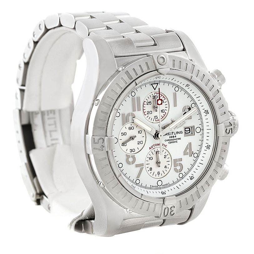 This image shows a Breitling Avenger A13370 Men's Stainless Steel White Dial A13370 Men's Stainless Steel White Dial watch from a diagonal front angle, highlighting the face, bezel, and bracelet.