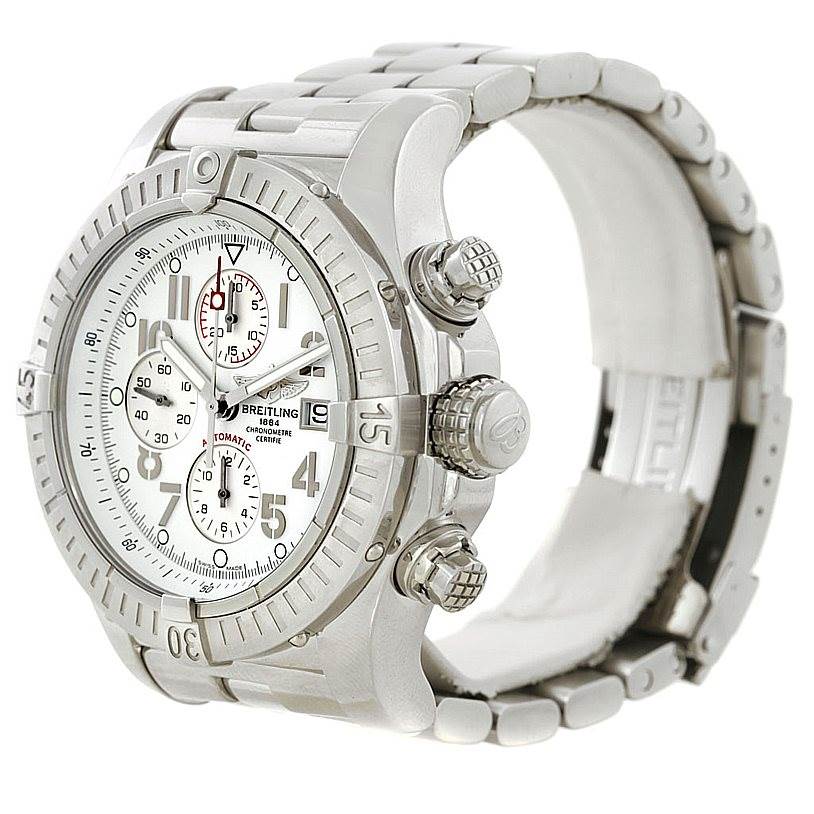 This image shows a side view of the Breitling Avenger A13370 Men's Stainless Steel White Dial A13370 Men's Stainless Steel White Dial watch, highlighting the dial, bezel, and crown.