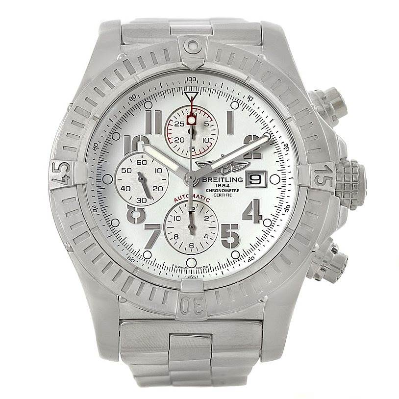 The Breitling Avenger A13370 Men's Stainless Steel White Dial A13370 Men's Stainless Steel White Dial watch is shown in a front view displaying its face, bezel, dial, chronograph sub-dials, and bracelet.