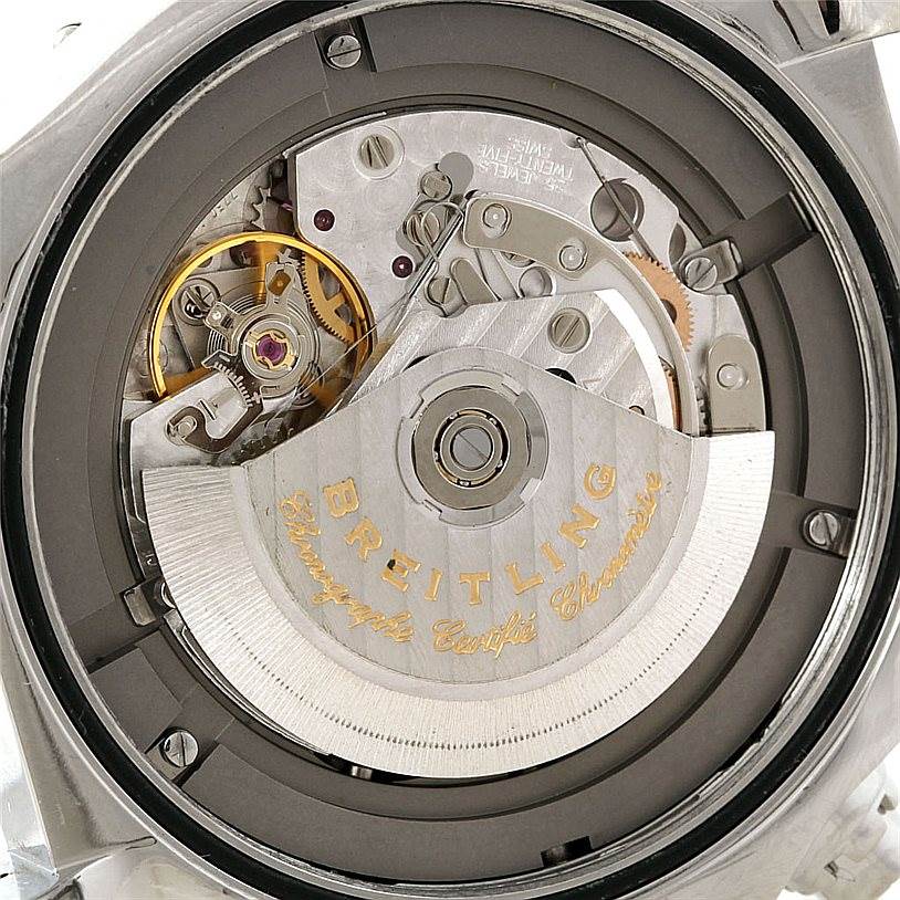 This image shows the internal mechanical movement of a Breitling Avenger A13370 Men's Stainless Steel White Dial A13370 Men's Stainless Steel White Dial watch from a back view.