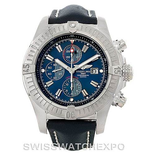 The image shows a front view of the Breitling Avenger A13370 Men's Stainless Steel Blue Dial A13370 Men's Stainless Steel Blue Dial watch, displaying the bezel, dial, subdials, hands, and the strap.