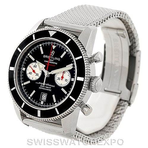 The image shows a Breitling Superocean A23320 Men's Stainless Steel Black Dial A23320 Men's Stainless Steel Black Dial watch at a three-quarter angle, highlighting the bezel, crown, pushers, dial, and mesh strap.