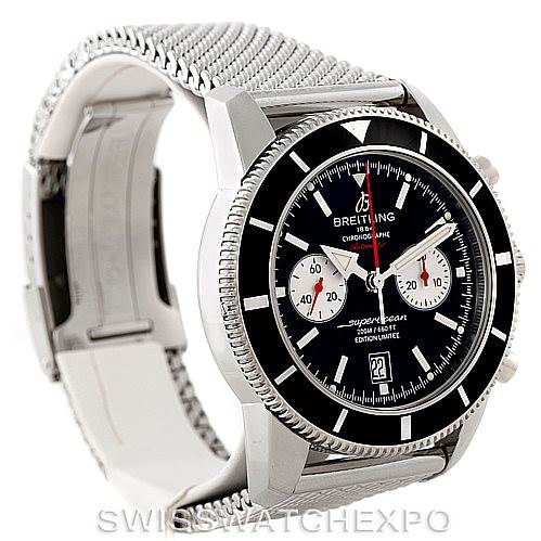 This image shows a Breitling Superocean A23320 Men's Stainless Steel Black Dial A23320 Men's Stainless Steel Black Dial watch angled to display the watch face, bezel, and part of the metal bracelet.