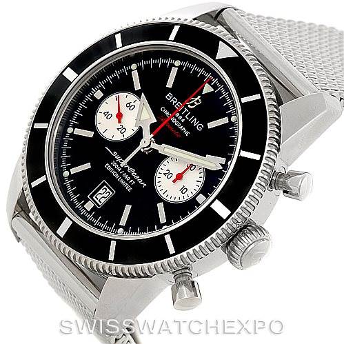 This image shows a Breitling Superocean A23320 Men's Stainless Steel Black Dial A23320 Men's Stainless Steel Black Dial watch from a front-side angle, highlighting its dial, bezel, and crown.